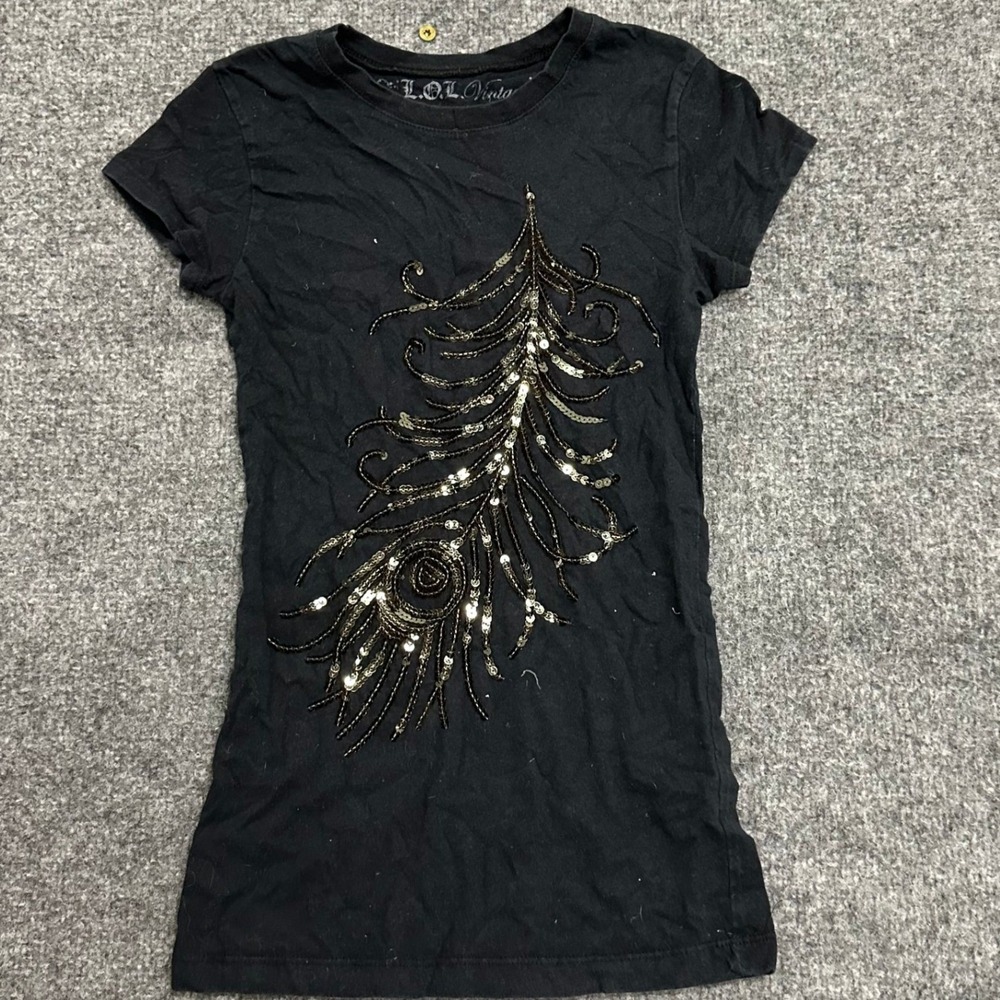 L.O.L. Vintage T-Shirt Womens Size S Black Beaded Sequin Peacock Slim Fit Tee
